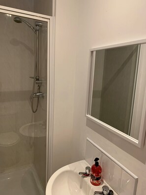 Un baño con ducha envuelta en vidrio, un lavamanos blanco y un espejo sobre él.