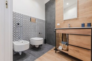 Shower, hair dryer, bidet, towels