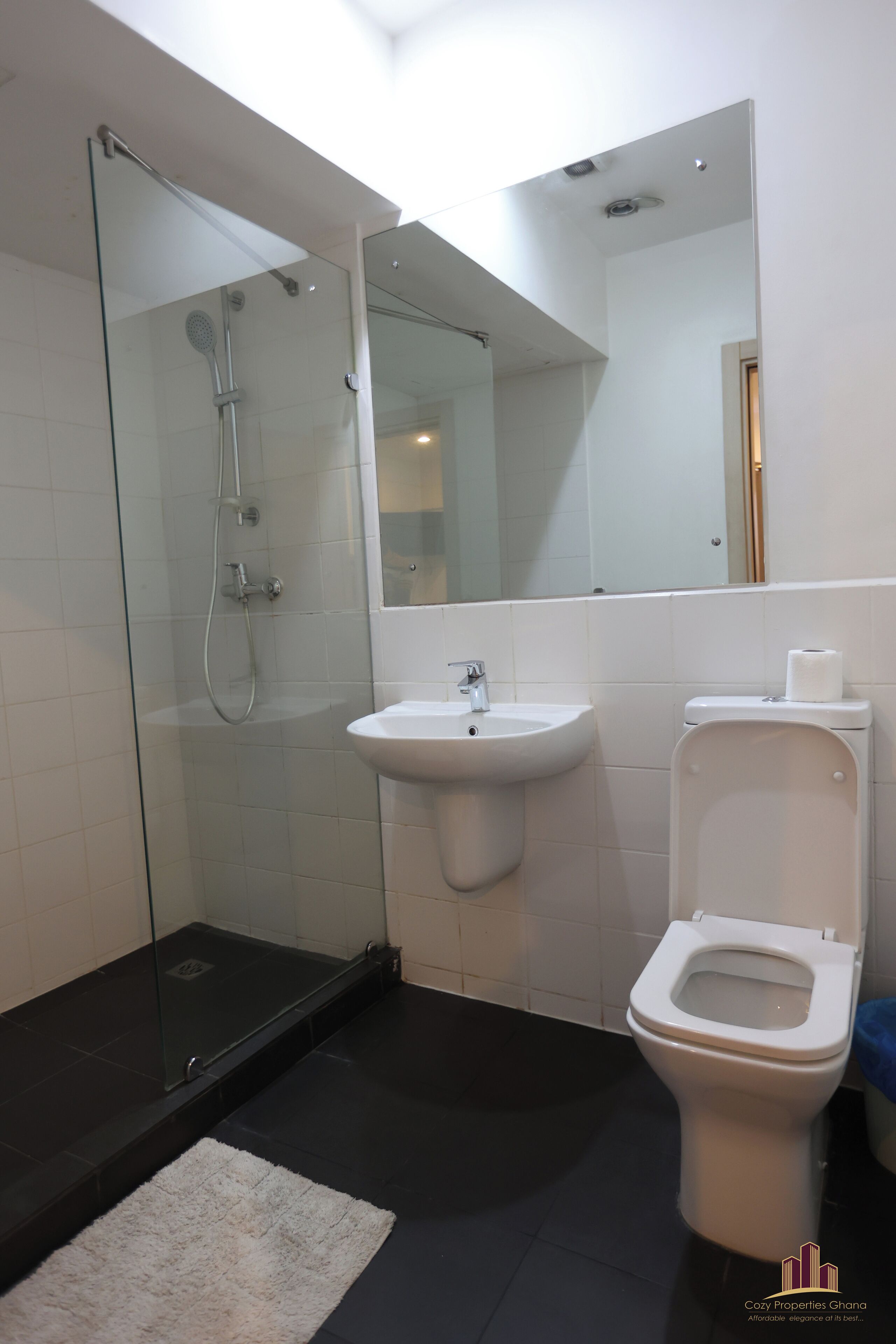 Un baño moderno con ducha de vidrio, lavamanos blanco y retrete.