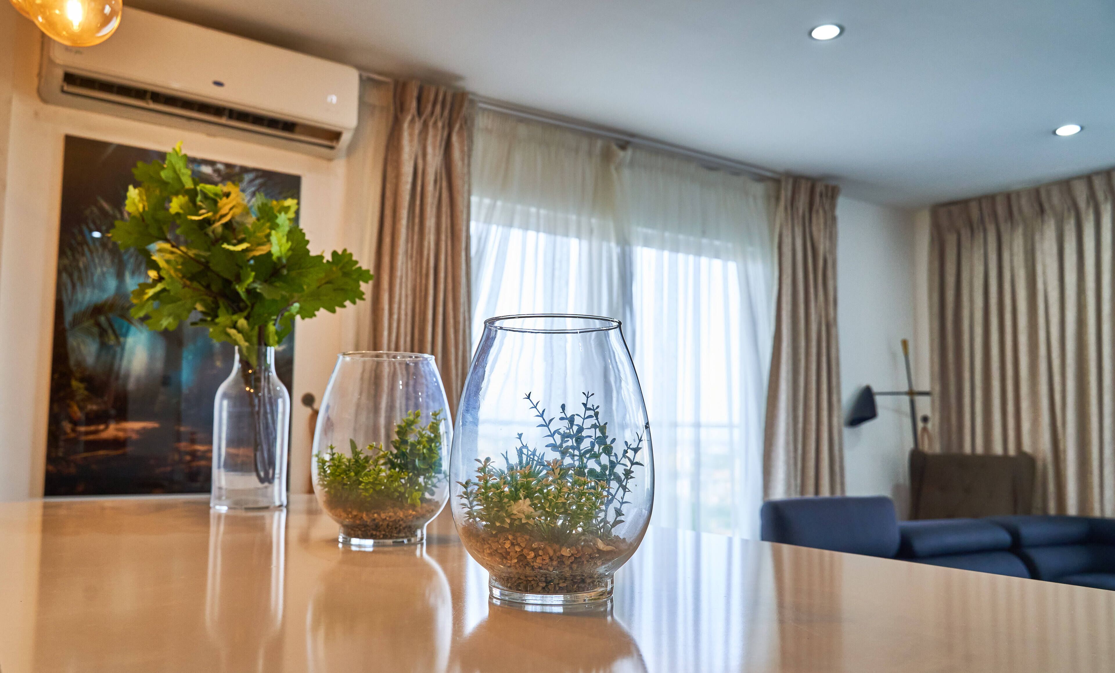 Una sala moderna con una mesa de vidrio que exhibe dos jarrones con plantas.
