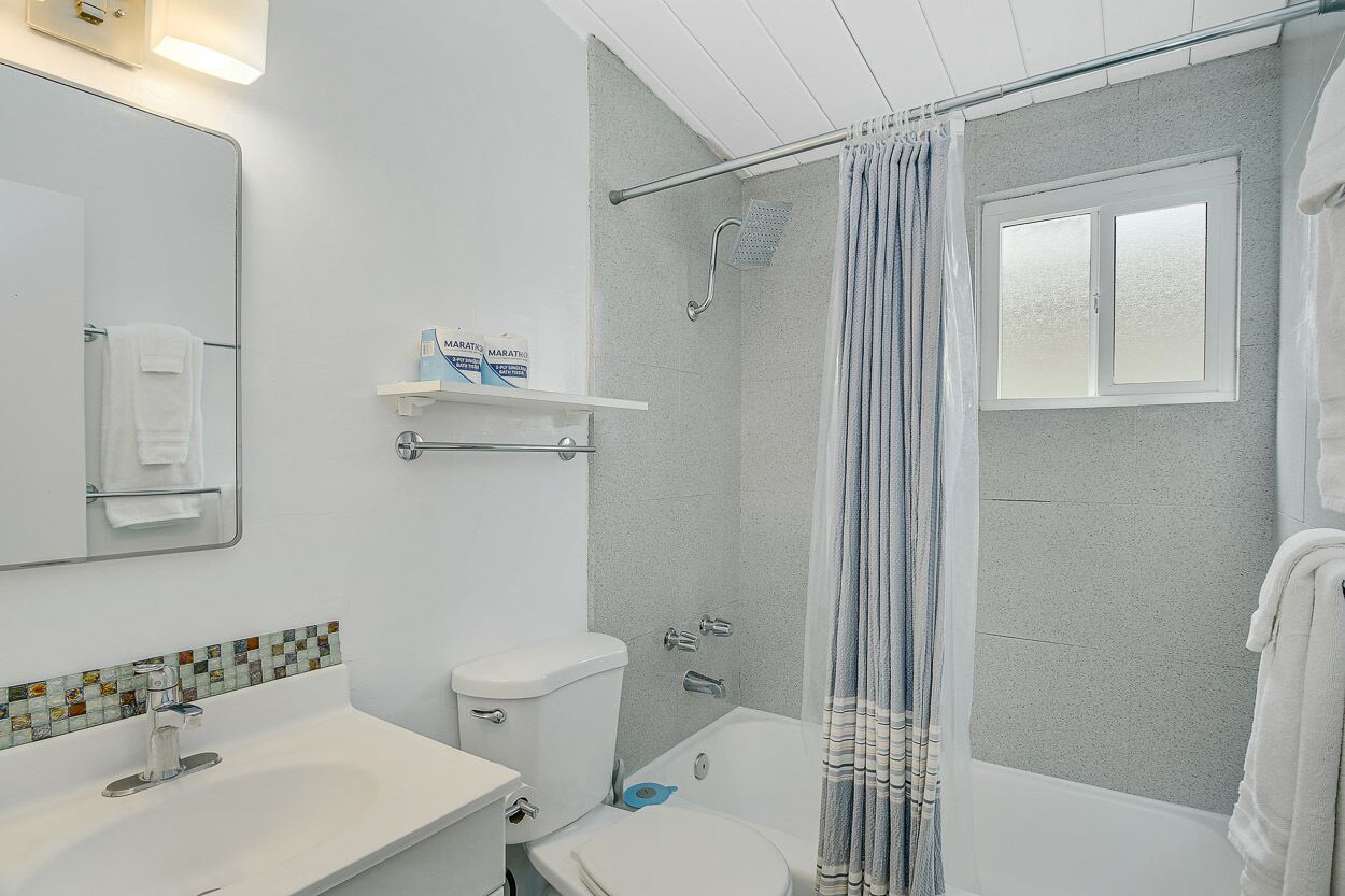 A bathroom with a shower, toilet, sink, and a mirror.
