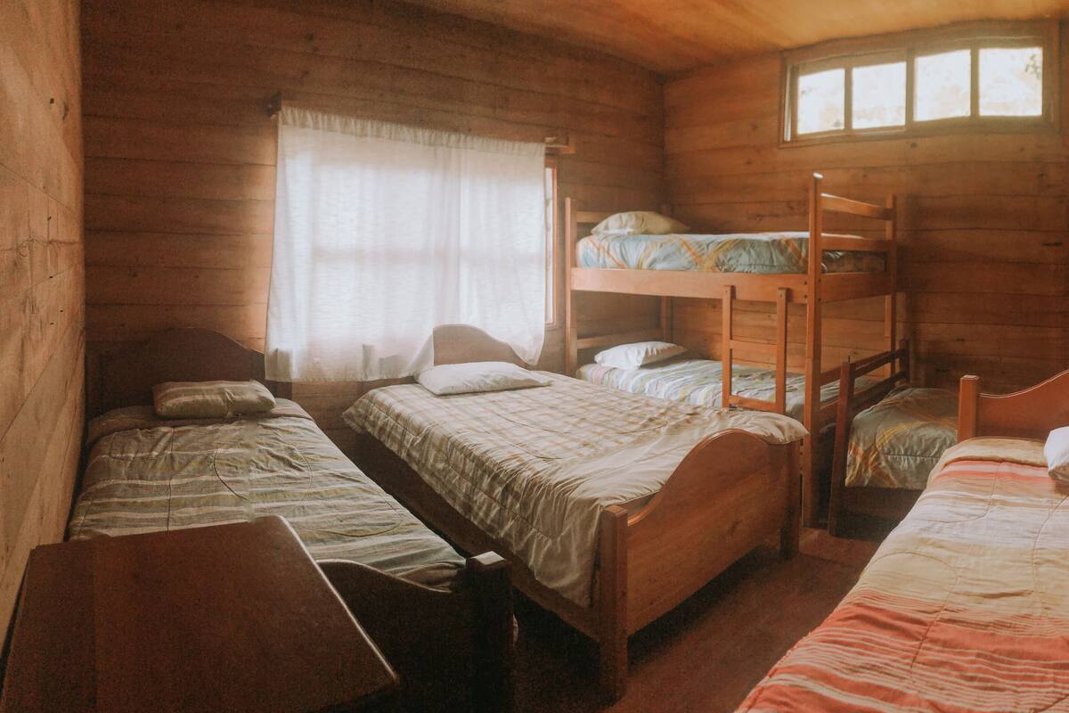Eine Holzhütte mit vier Holzbettplätzen, einem Fenster mit Vorhängen und einem Holzboden.