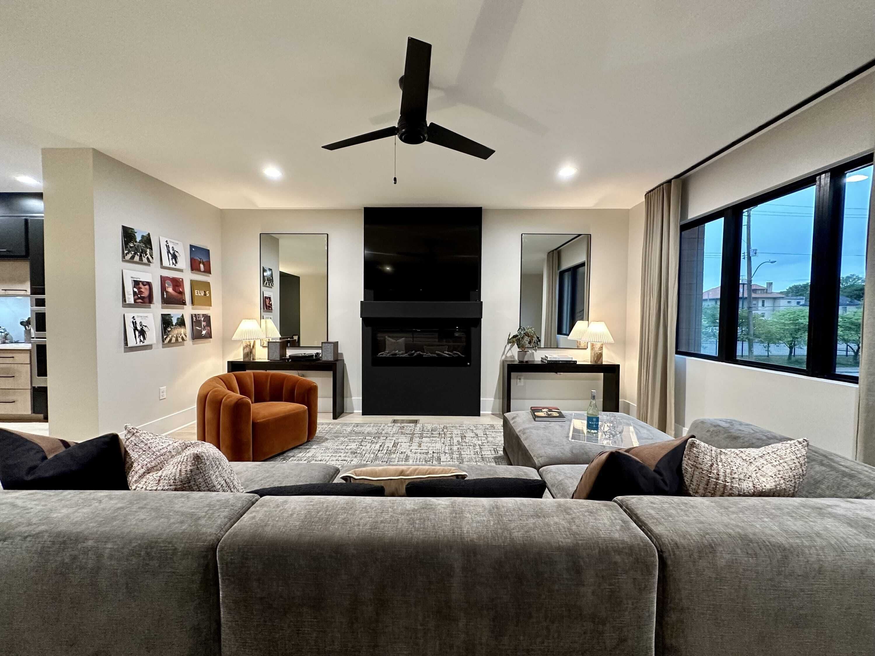 70-inch Smart TV with digital channels, fireplace, streaming services