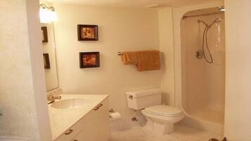 Hair dryer, towels, toilet paper