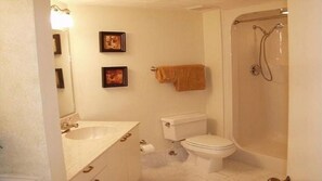 Hair dryer, towels, toilet paper