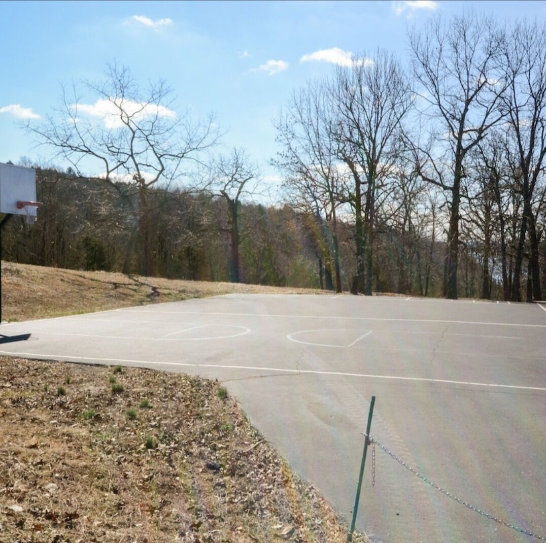 An outdoor basketball court with a chain-link fence, trees, and a building in the background.
