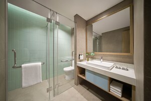 A modern bathroom with a glass shower enclosure, a white sink, and a large mirror.