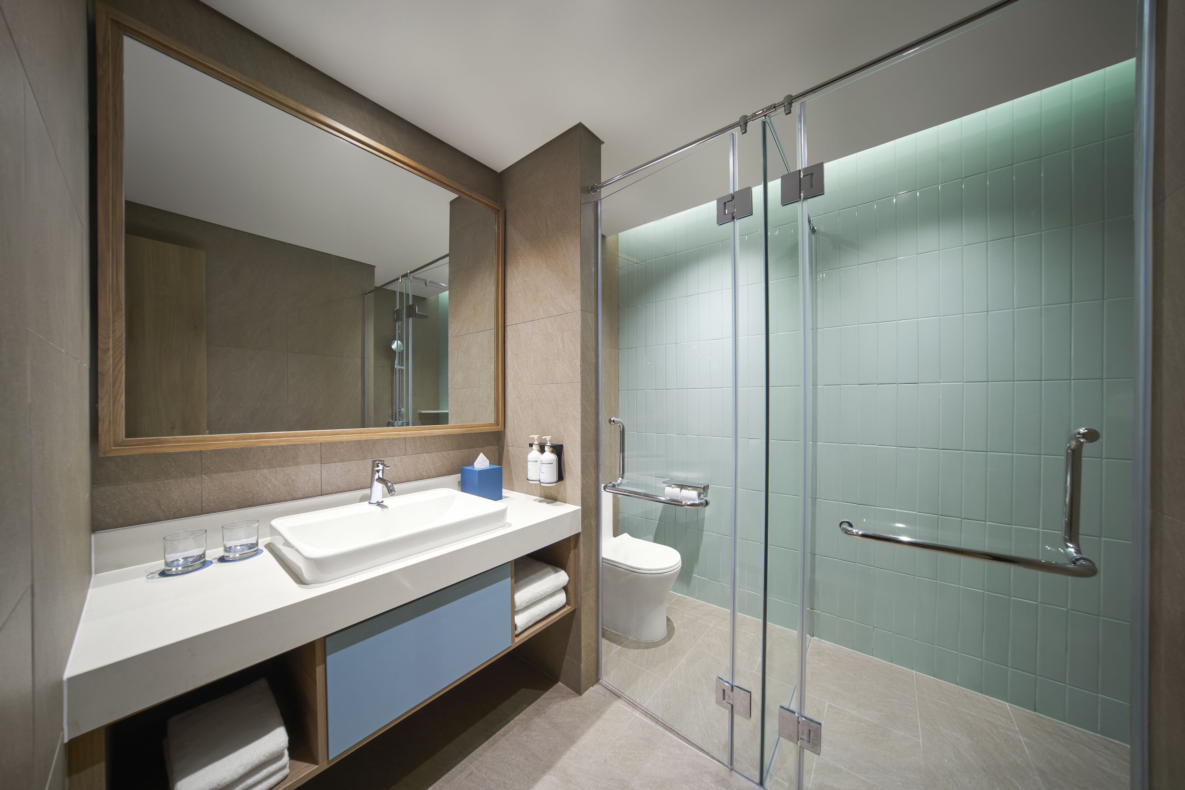 A modern bathroom with a glass-enclosed shower, a large mirror, and a white sink.