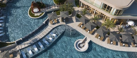 2 outdoor pools, pool umbrellas, pool loungers