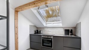 Een moderne keuken met dakraam, ingebouwde oven en grijze kastjes.
