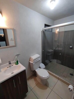 Hair dryer, towels, soap, shampoo