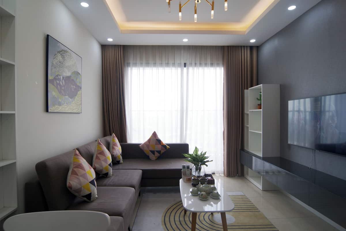 A modern living room with a sofa, coffee table, TV, and decorative items.