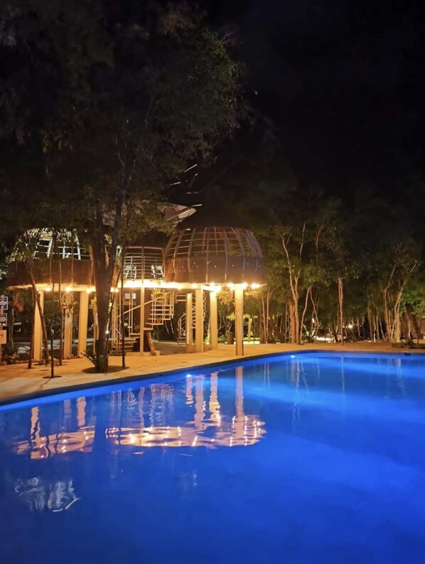 A swimming pool with a glass enclosure and trees around it.