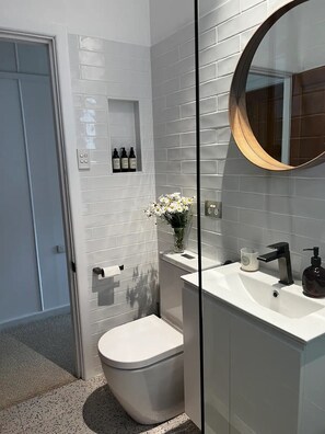 Dusche, Haartrockner, Handtücher, Seife