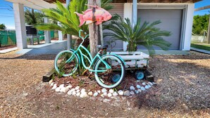 Un vélo turquoise orné d’un motif de poisson, d’un palmier et d’un chariot blanc sur lequel est représenté un poisson.