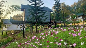 Et moderne hus med en stor terrasse, omgivet af en have med lyserøde og hvide blomster.