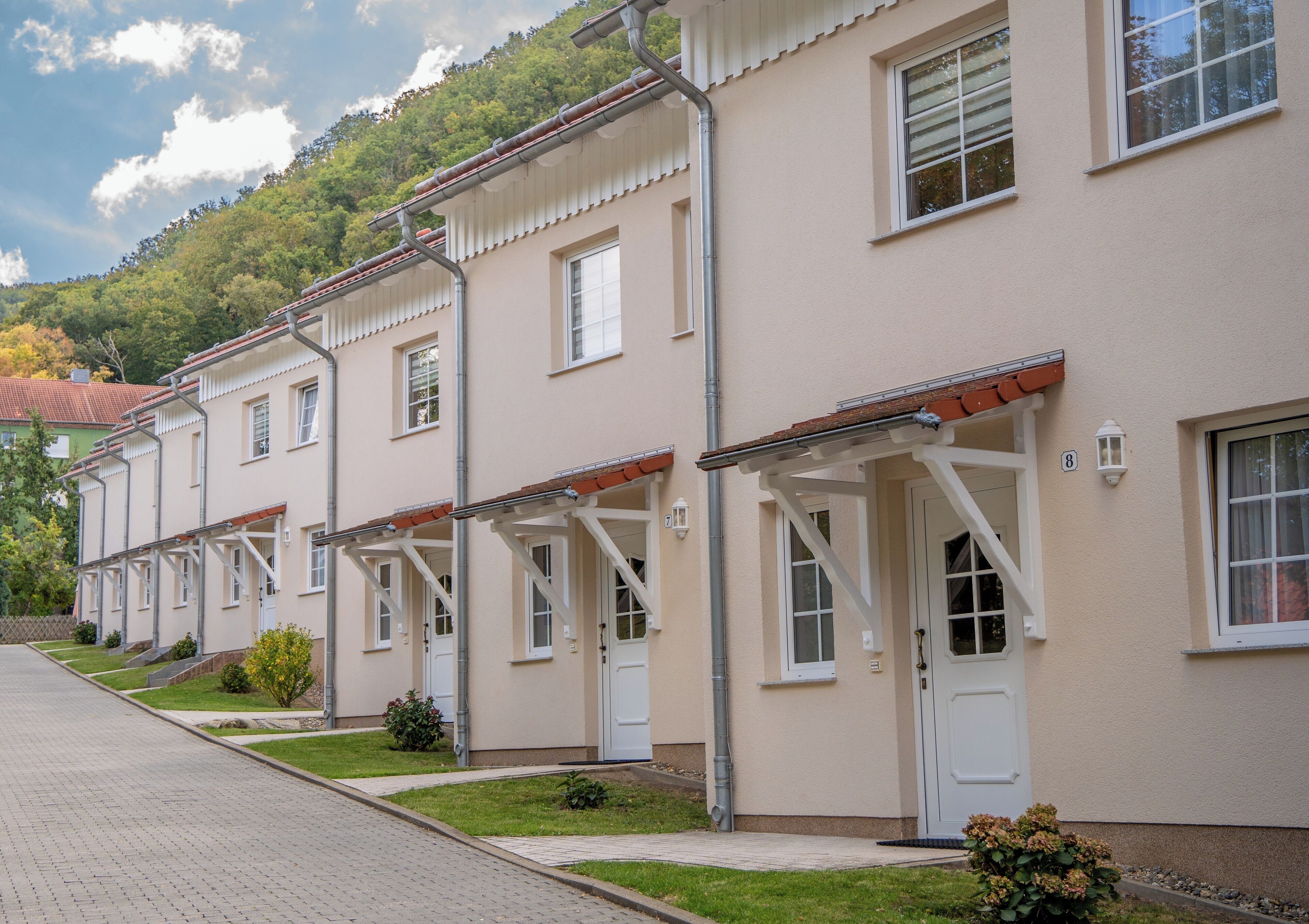 A row of townhouses with individual front doors, a paved driveway, and a hillside in the background.