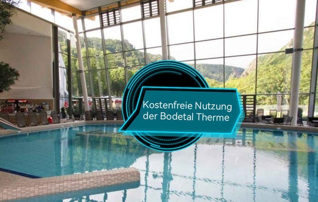 Ein Hallenbad mit Blick auf eine bewaldete Landschaft durch große Fenster.
