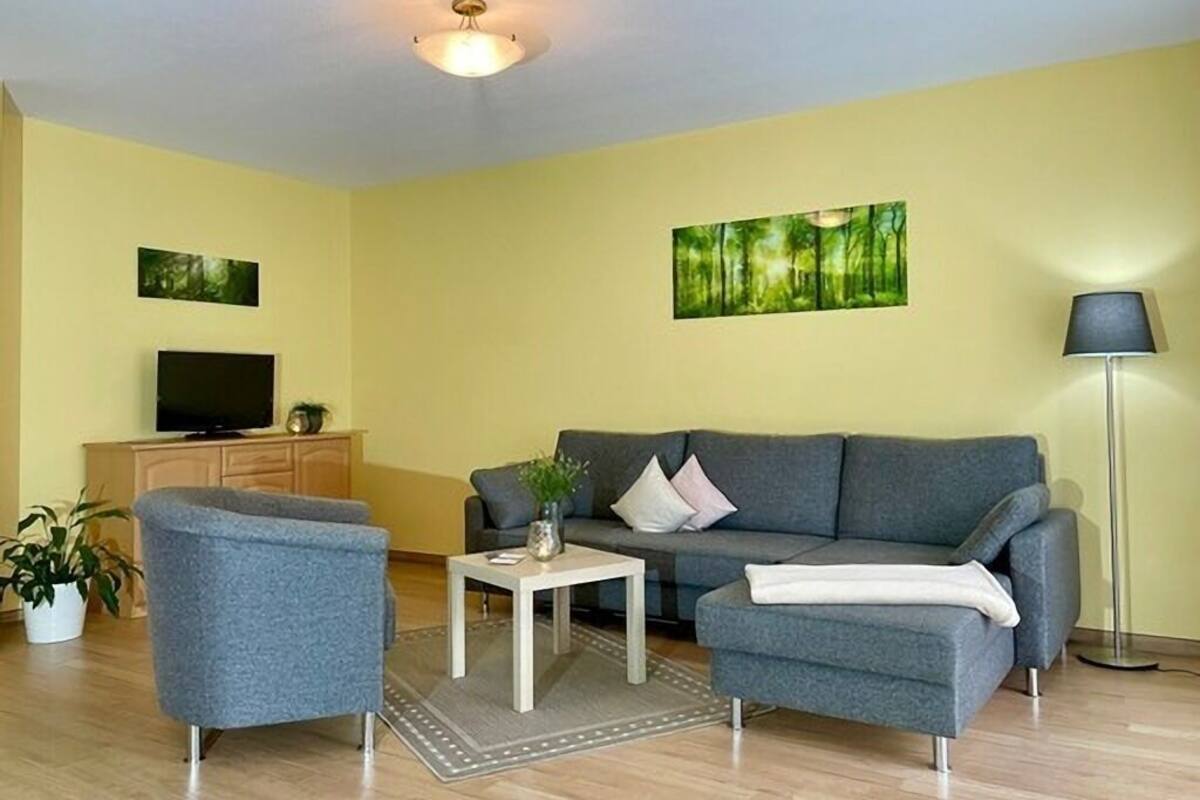 A living room with a sofa, armchair, TV, and paintings on the wall.