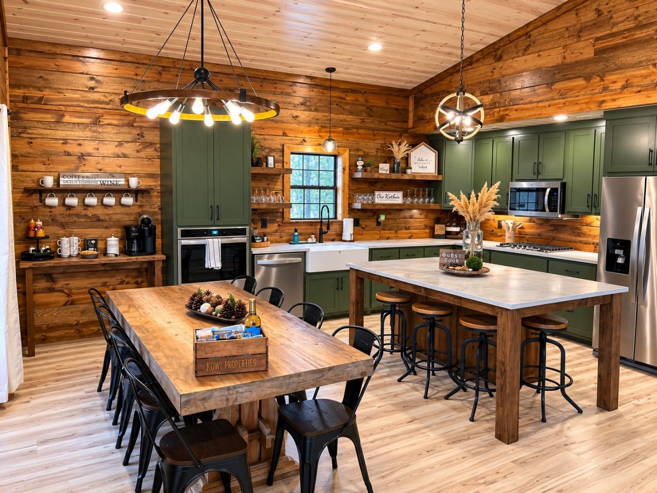 A wooden interior with a central island, bar stools, and a dining table.
