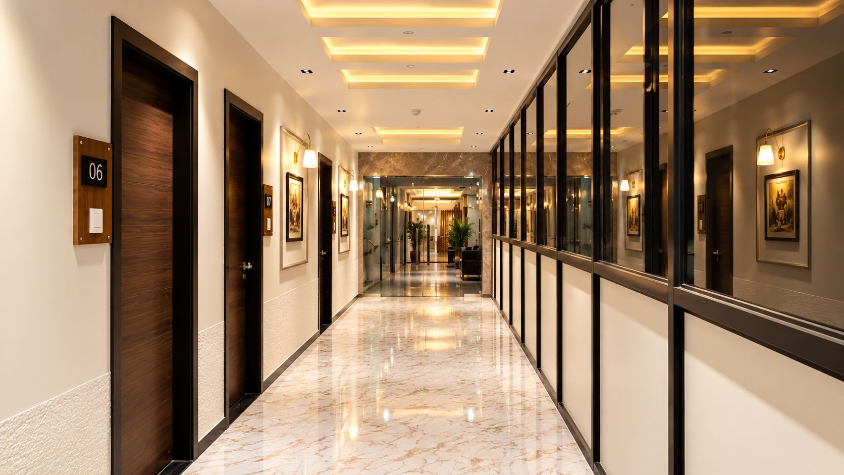 A hotel corridor with a marble floor, framed artwork on the walls, and doors numbered 06 and 07.
