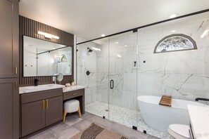 Hair dryer, towels, soap, shampoo