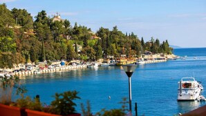 A coastal town with a marina, boats, and buildings on a hillside.
