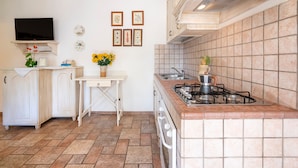 Una cocina con estufa a gas, armarios blancos, una mesa pequeña con un jarrón de flores y un televisor montado sobre la encimera.