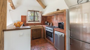 A kitchen with a brick backsplash, wooden beams, a refrigerator, a stove, and a sink. - Villa 'Casa Di Pruno' with Private Pool, Wi-Fi and Air Conditioning (Figari)