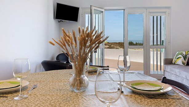 Une table à manger est dressée avec des assiettes, des verres et un vase contenant des plantes séchées. Un téléviseur est fixé au mur et, par la porte ouverte, on aperçoit la plage.
