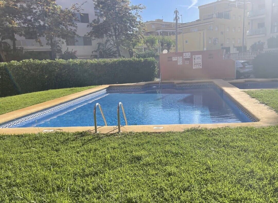 A rectangular swimming pool with a metal ladder, surrounded by a well-maintained lawn and a hedge.