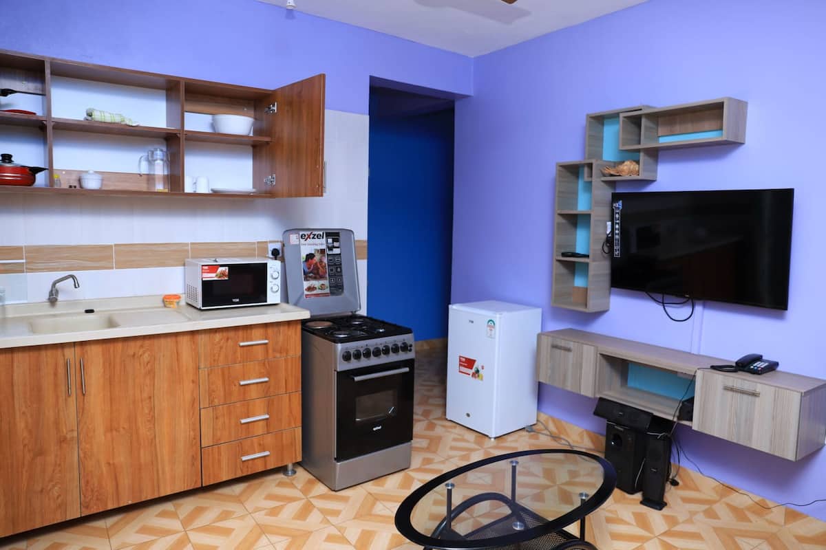 A compact kitchen with wooden cabinets, a microwave, a stove, a refrigerator, and a TV mounted on the wall.