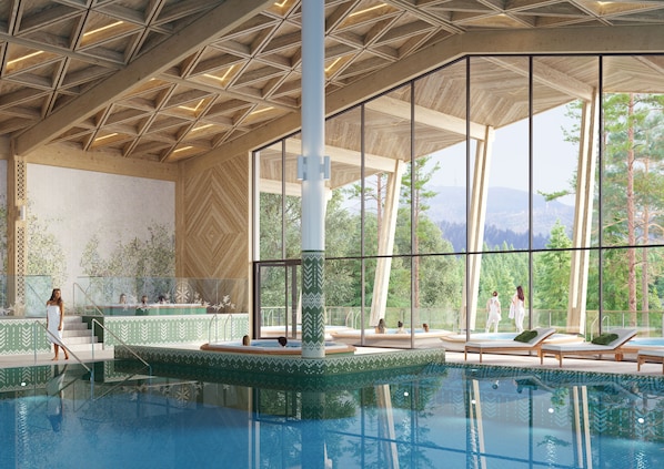 Indoor pool, open 8:00 AM to 10:00 PM, pool loungers, lifeguards on site