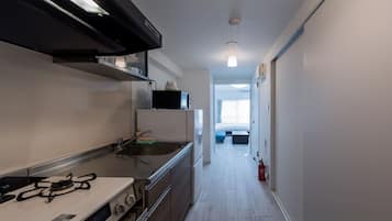 Geladeira, micro-ondas, cooktop, talheres/pratos/utensílios de cozinha