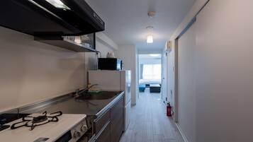 Geladeira, micro-ondas, cooktop, talheres/pratos/utensílios de cozinha