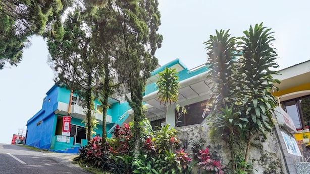 A building with a blue and white exterior, surrounded by lush greenery and plants. - OYO Life 91060 Villa Wijaya Homestay (Prigen)