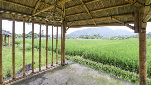 A covered area with bamboo pillars and a concrete floor, overlooking a green rice field with mountains in the background. - OYO Homes 91151 Desa Wisata Kreatif Perdamaian Srumbung Gunung (Bawen)