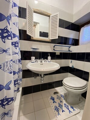 Douche, sèche-cheveux, bidet, serviettes fournies