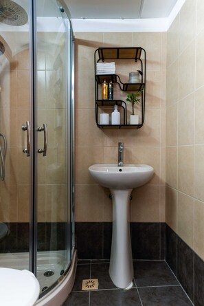Ein Badezimmer mit einer Duschkabine, einem Waschbecken auf Säule und einem schwarzen Regal mit Pflegeprodukten.