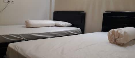 Habitación económica con 2 camas individuales | Espacio para trabajar con un portátil, wifi gratis, ropa de cama
