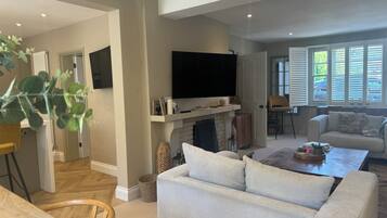 Smart TV, fireplace, ping pong, books