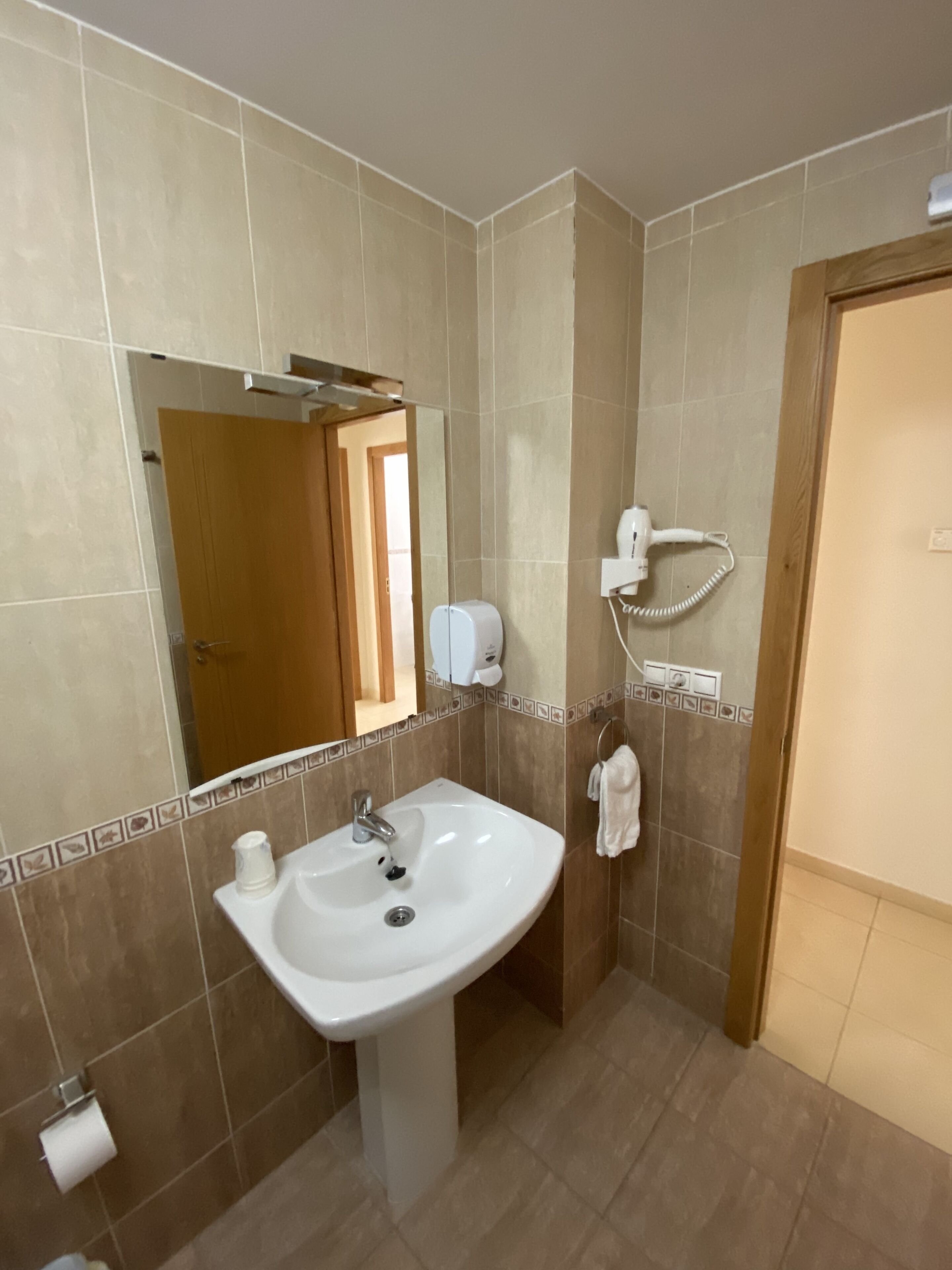 Une salle de bain équipée d’un lavabo, d’un miroir, d’un porte-serviettes et d’un sèche-cheveux.