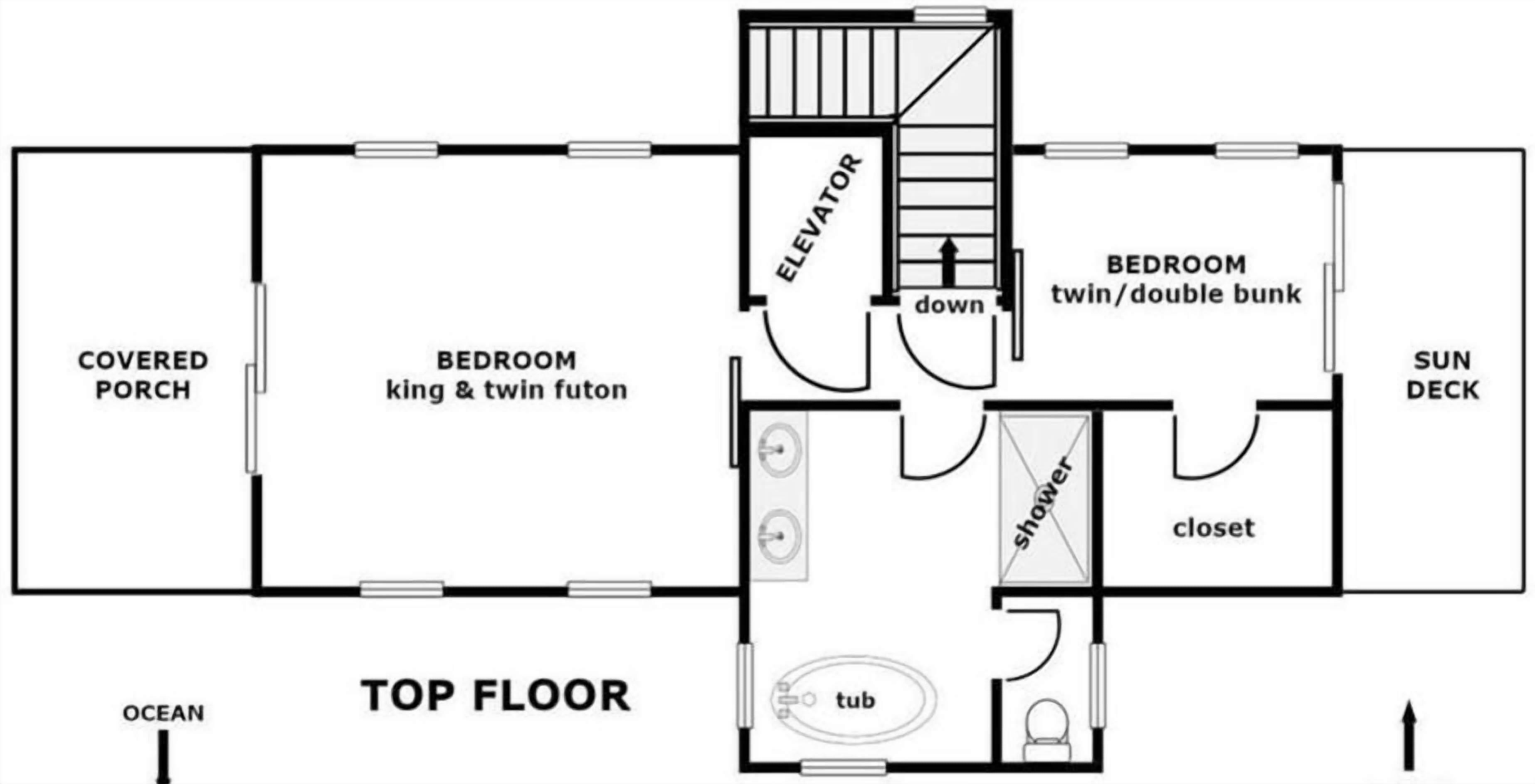 A top floor layout with a covered porch, king & twin futon bedroom, a sun deck, and a bathroom with a tub.