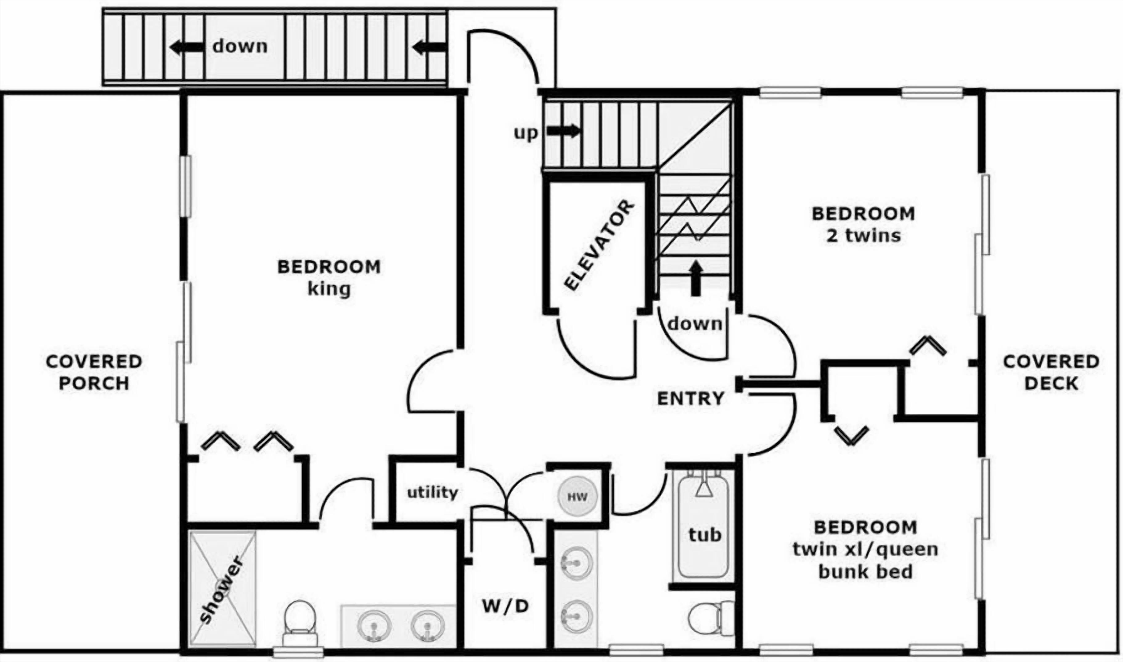 A floor plan with a covered porch, a bedroom king, a utility room, a shower, a bedroom twin xl/queen bunk bed, and a covered deck.