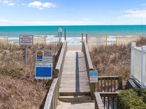 A wooden boardwalk leading to a beach with signs indicating public beach access and warnings about rip currents.