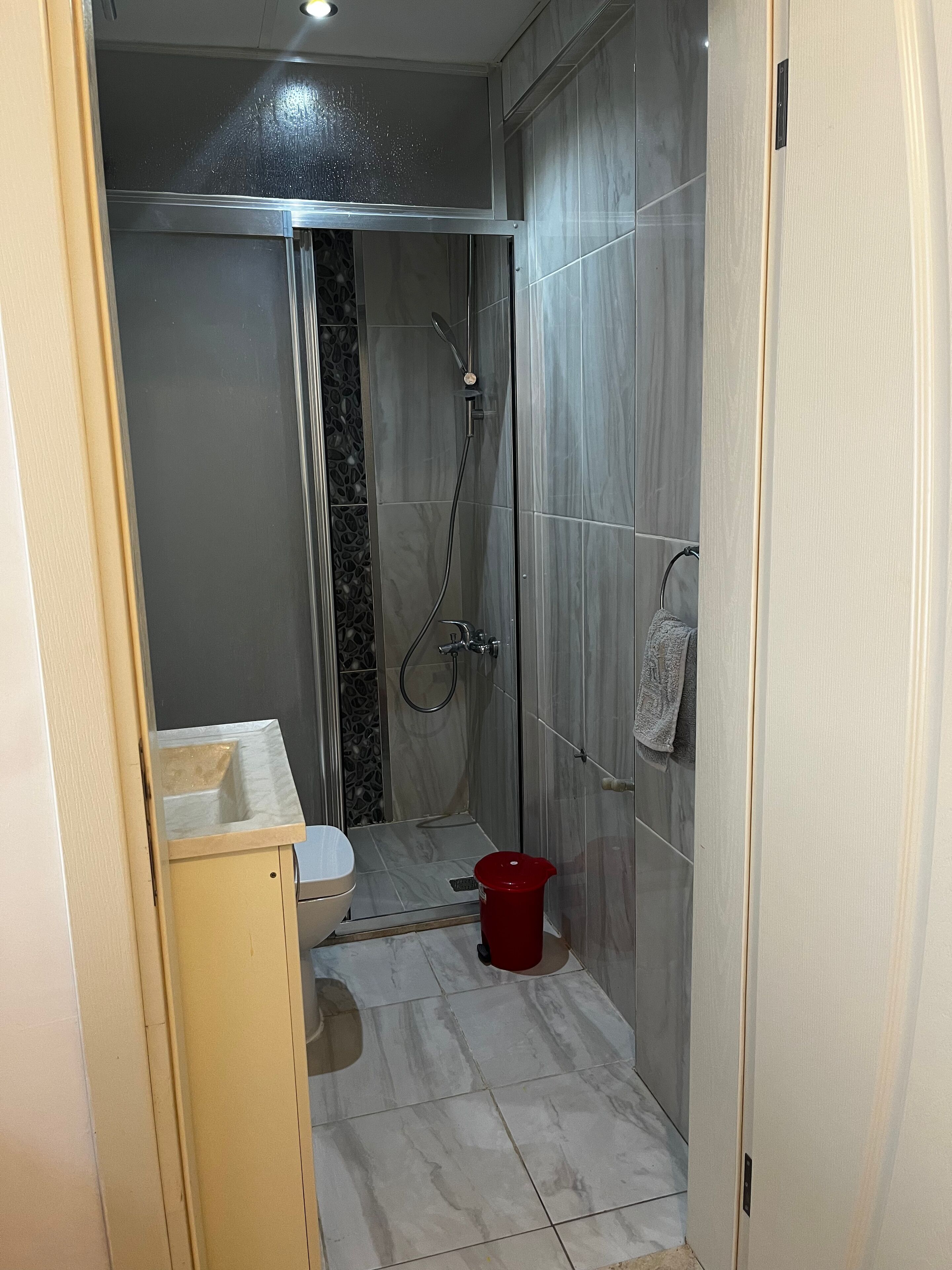 Un baño pequeño con ducha, inodoro y lavamanos.
