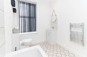 Hair dryer, towels, soap, toilet paper
