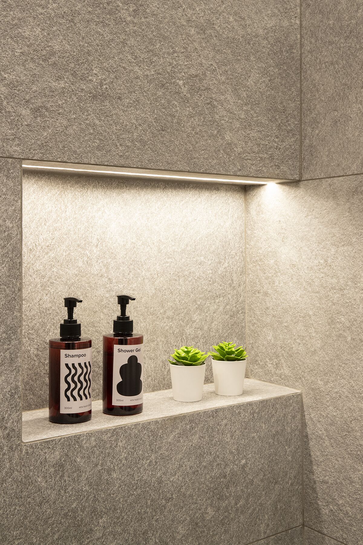 Un baño con pared de piedra, una repisa con dos botellas de champú y gel de ducha, y dos plantas en macetas.
