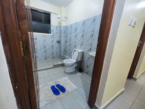 Shower, towels, soap, toilet paper