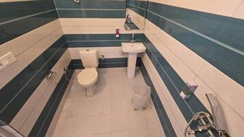 Un bagno con WC, lavandino e doccia.
